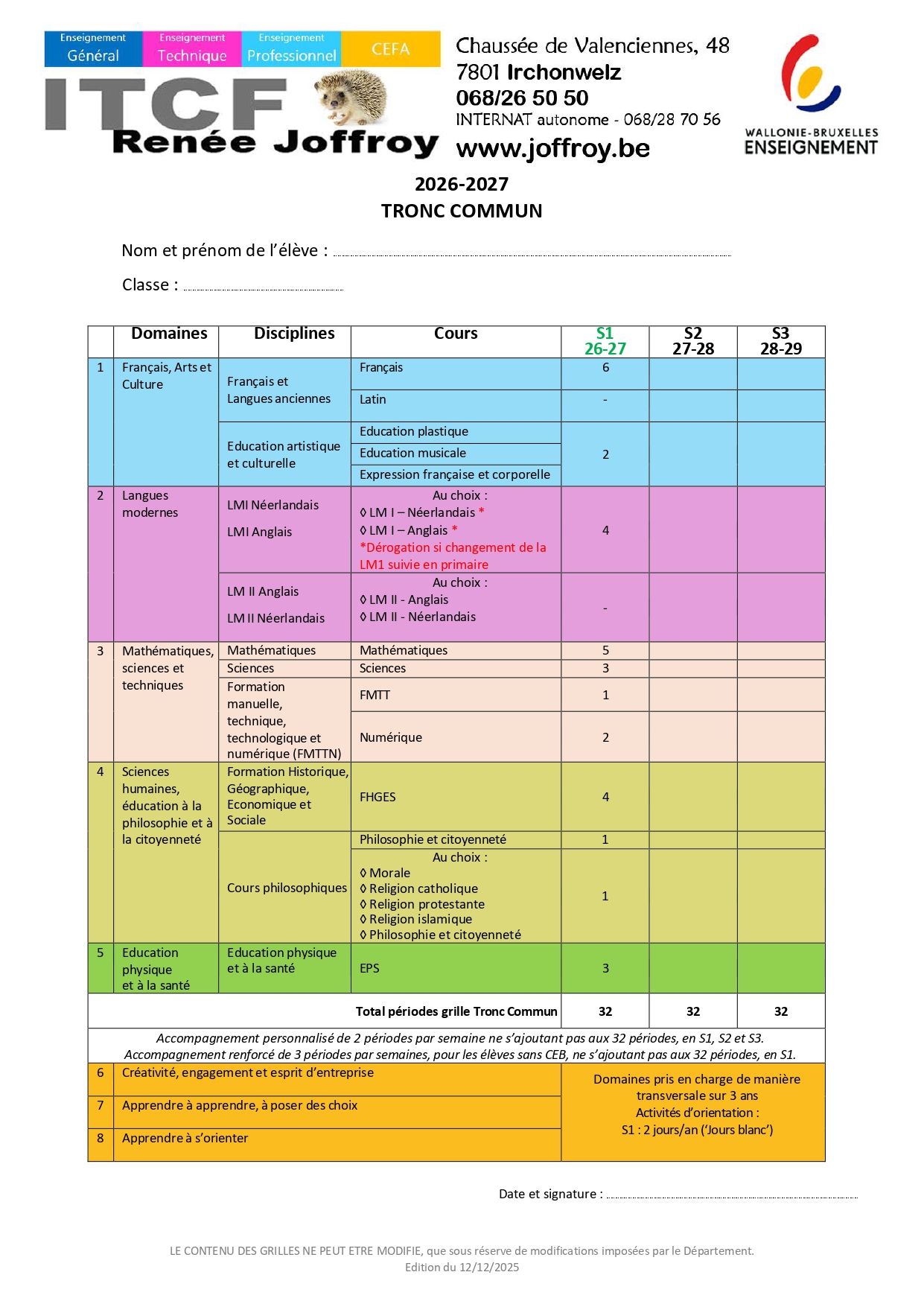 grille du tronc commmun